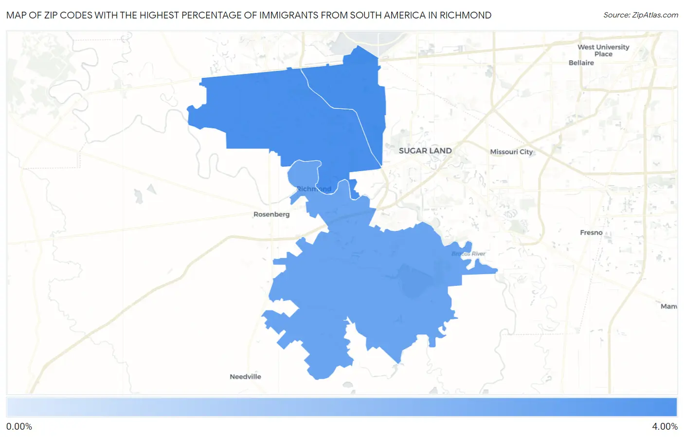Zip Codes with the Highest Percentage of Immigrants from South America in Richmond Map