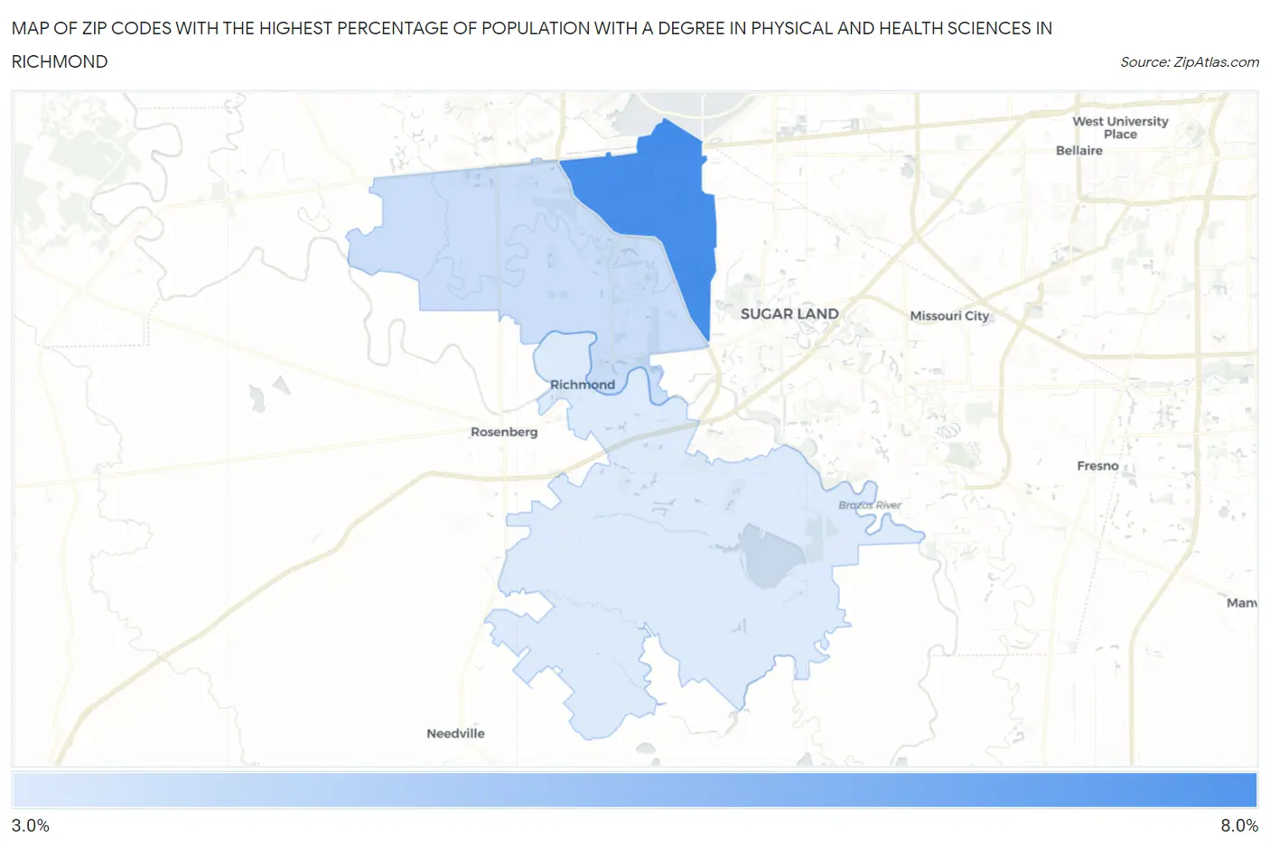 Zip Codes with the Highest Percentage of Population with a Degree in Physical and Health Sciences in Richmond Map