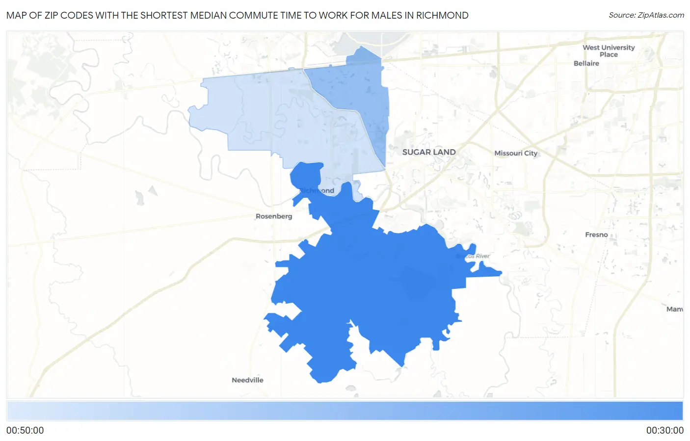 Zip Codes with the Shortest Median Commute Time to Work for Males in Richmond Map