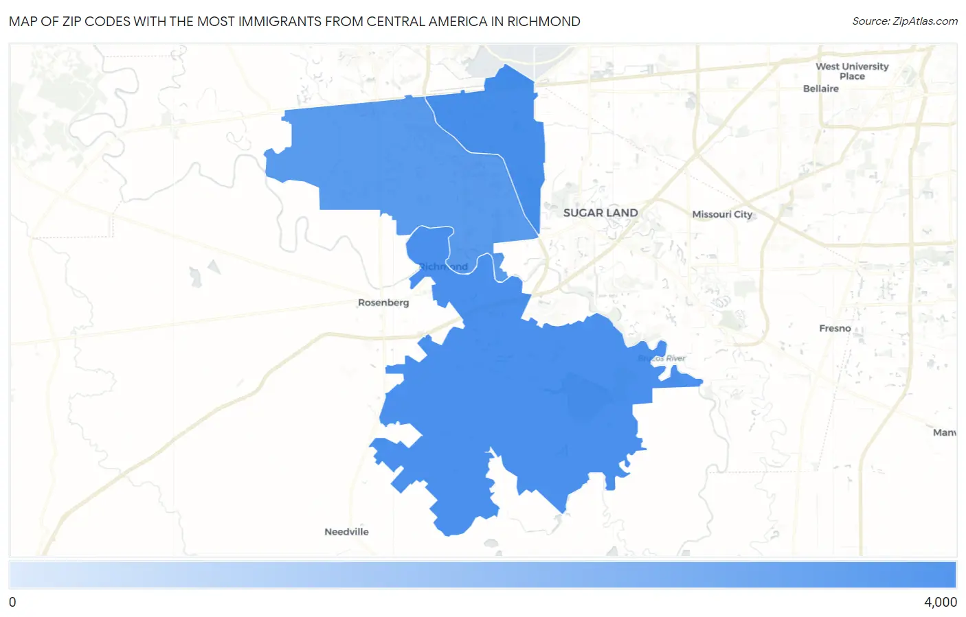 Zip Codes with the Most Immigrants from Central America in Richmond Map