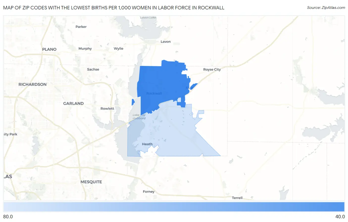 Zip Codes with the Lowest Births per 1,000 Women in Labor Force in Rockwall Map