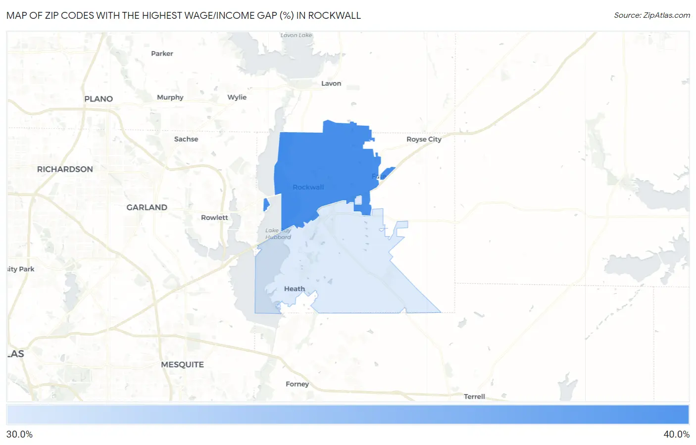 Zip Codes with the Highest Wage/Income Gap (%) in Rockwall Map