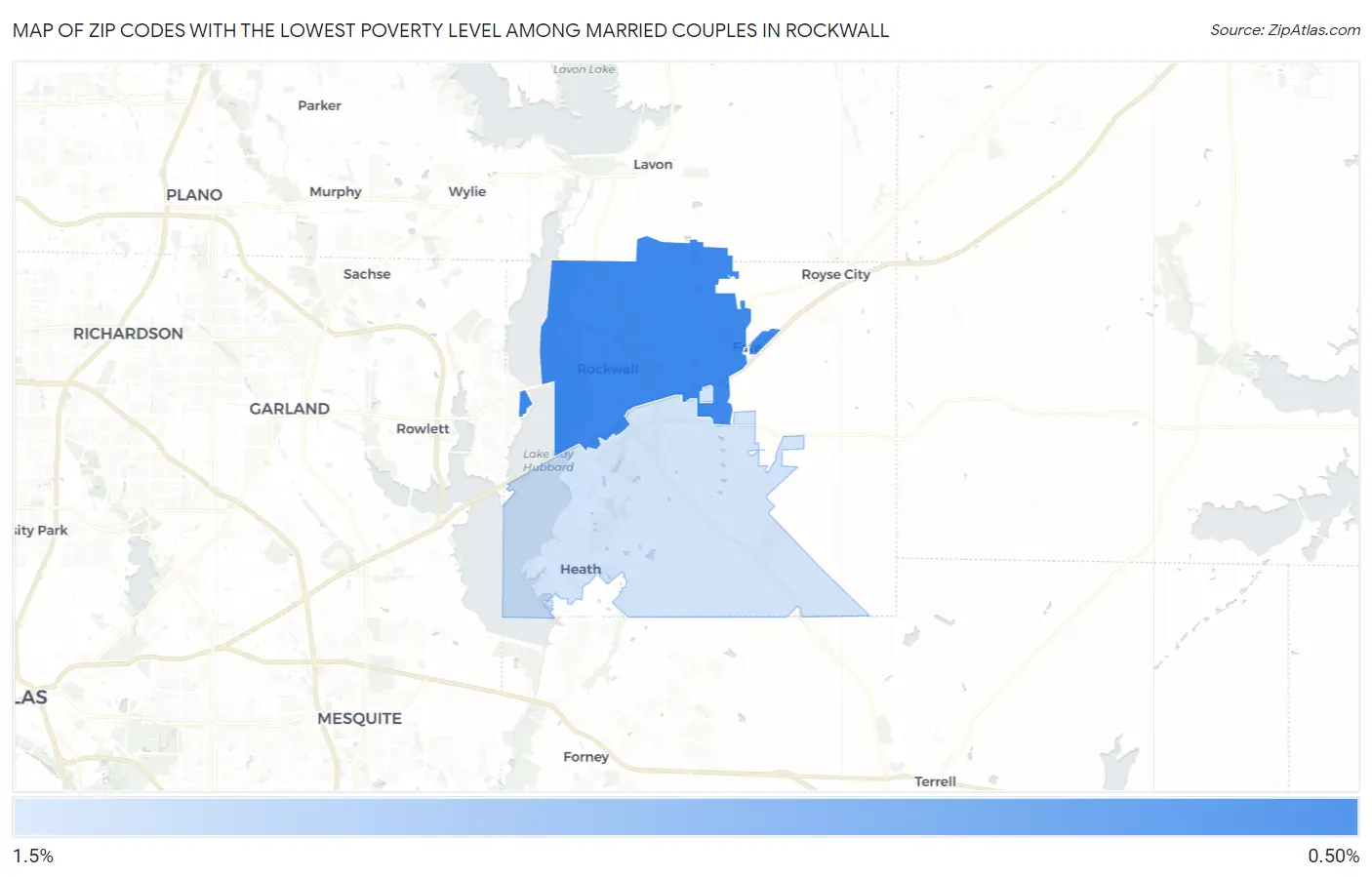 Zip Codes with the Lowest Poverty Level Among Married Couples in Rockwall Map