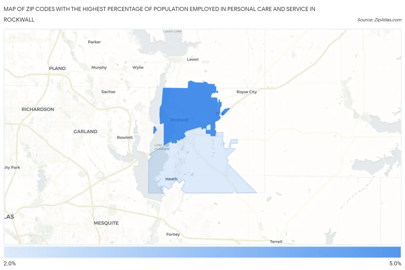 Zip Codes with the Highest Percentage of Population Employed in Personal Care and Service in Rockwall Map