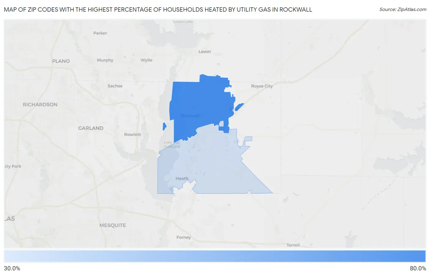 Zip Codes with the Highest Percentage of Households Heated by Utility Gas in Rockwall Map
