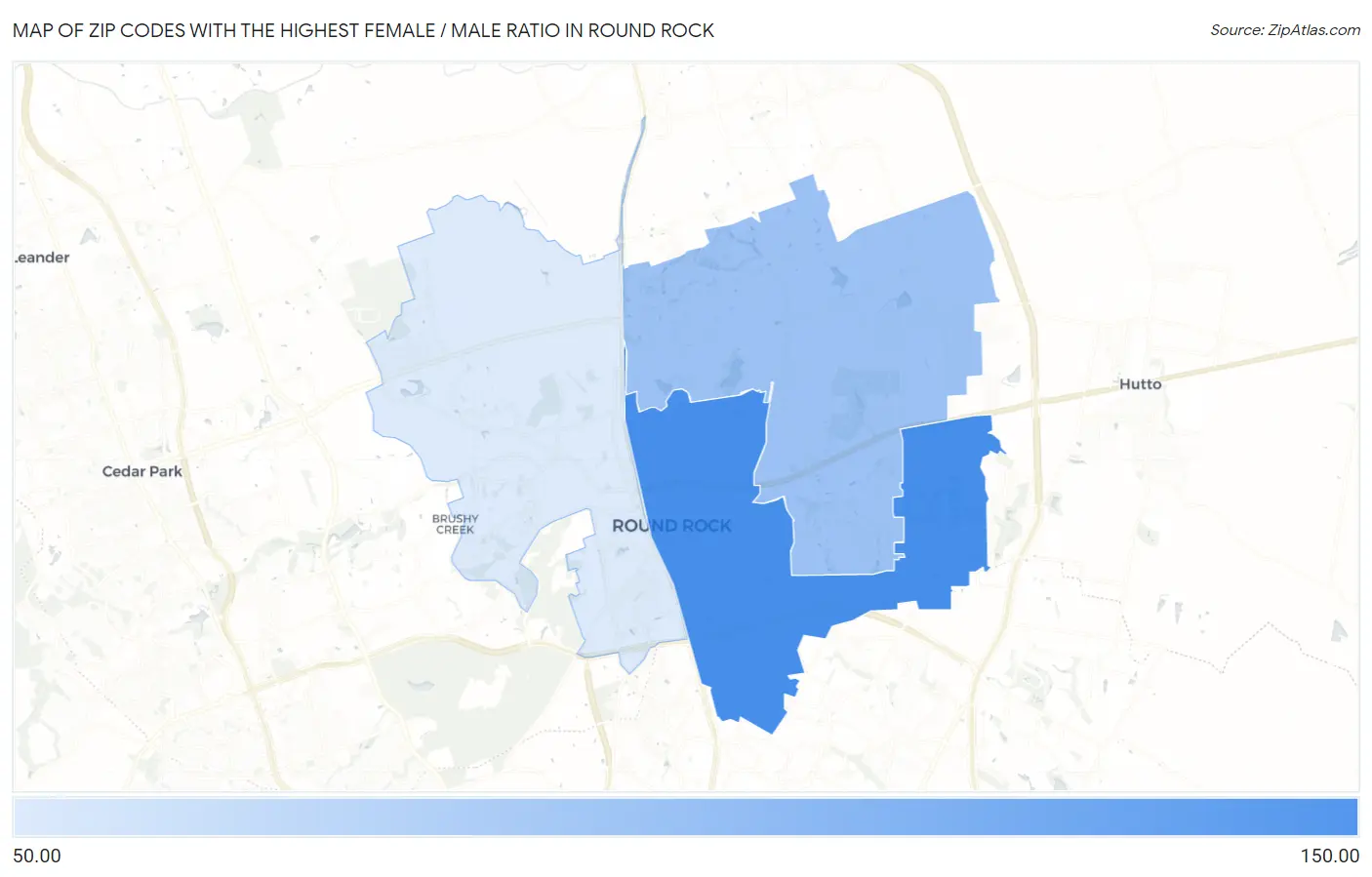 Zip Codes with the Highest Female / Male Ratio in Round Rock Map