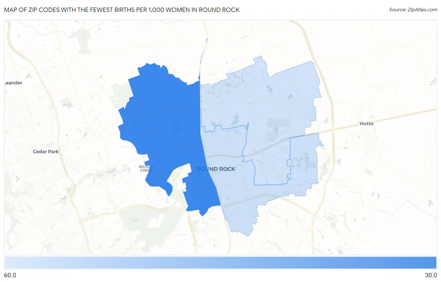 Zip Codes with the Fewest Births per 1,000 Women in Round Rock Map