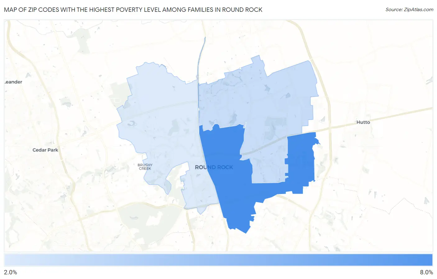 Zip Codes with the Highest Poverty Level Among Families in Round Rock Map