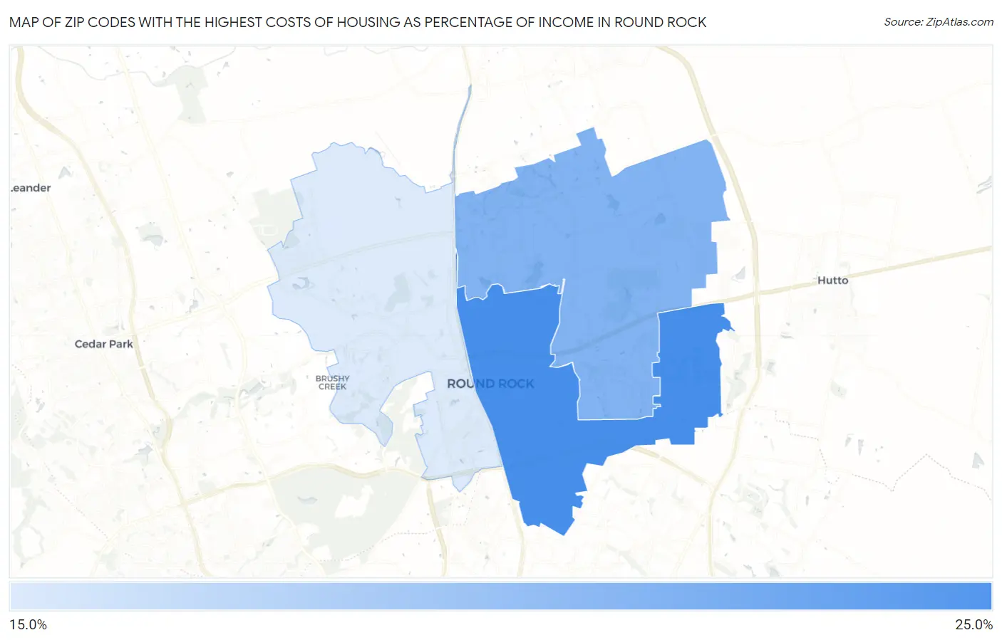 Zip Codes with the Highest Costs of Housing as Percentage of Income in Round Rock Map