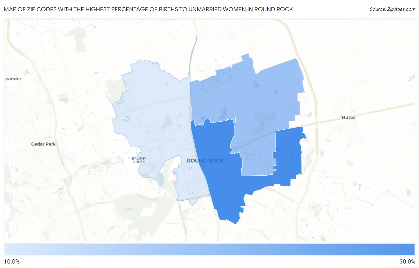 Zip Codes with the Highest Percentage of Births to Unmarried Women in Round Rock Map