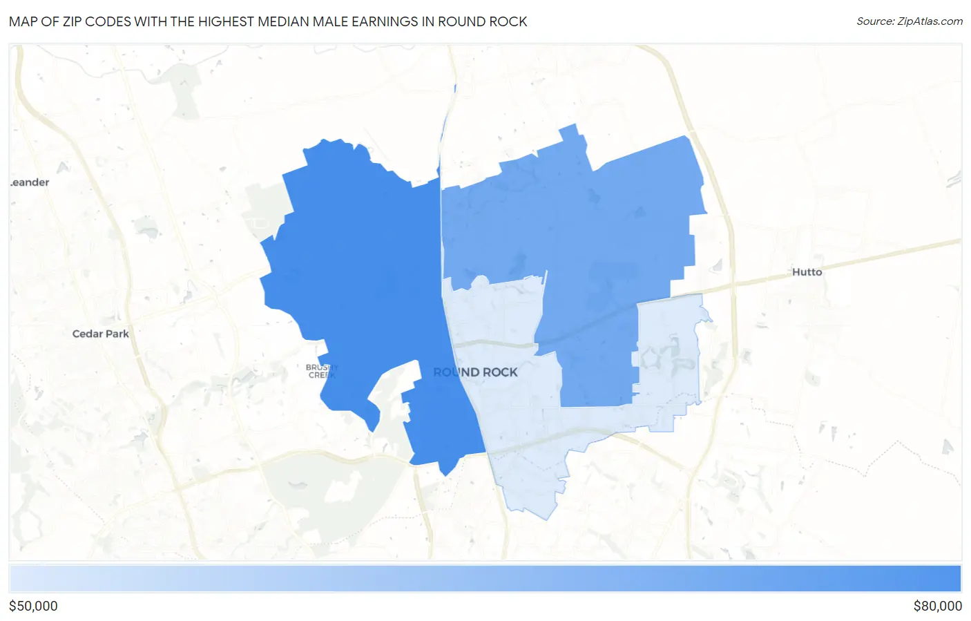 Zip Codes with the Highest Median Male Earnings in Round Rock Map