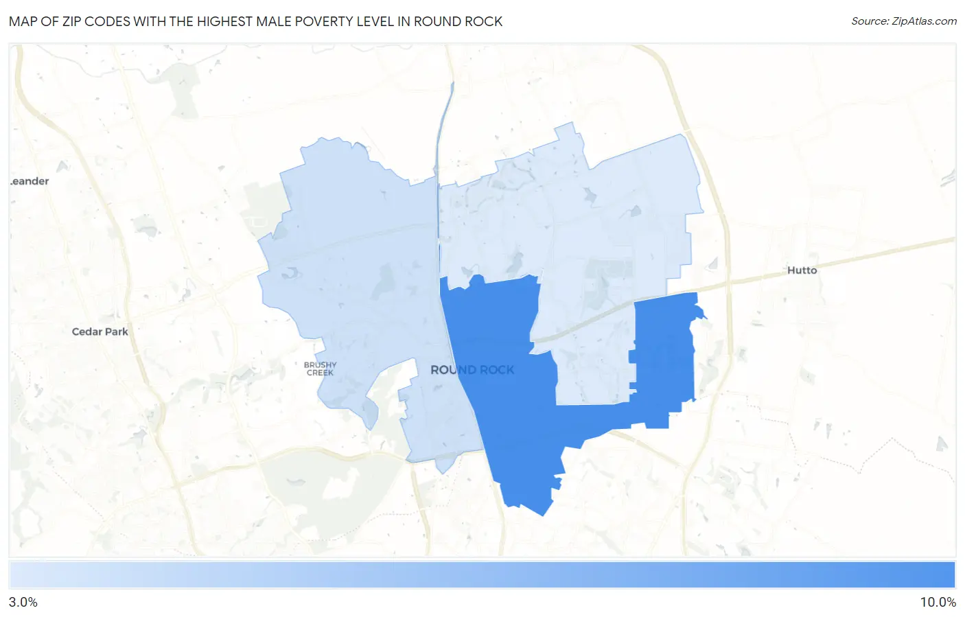 Zip Codes with the Highest Male Poverty Level in Round Rock Map