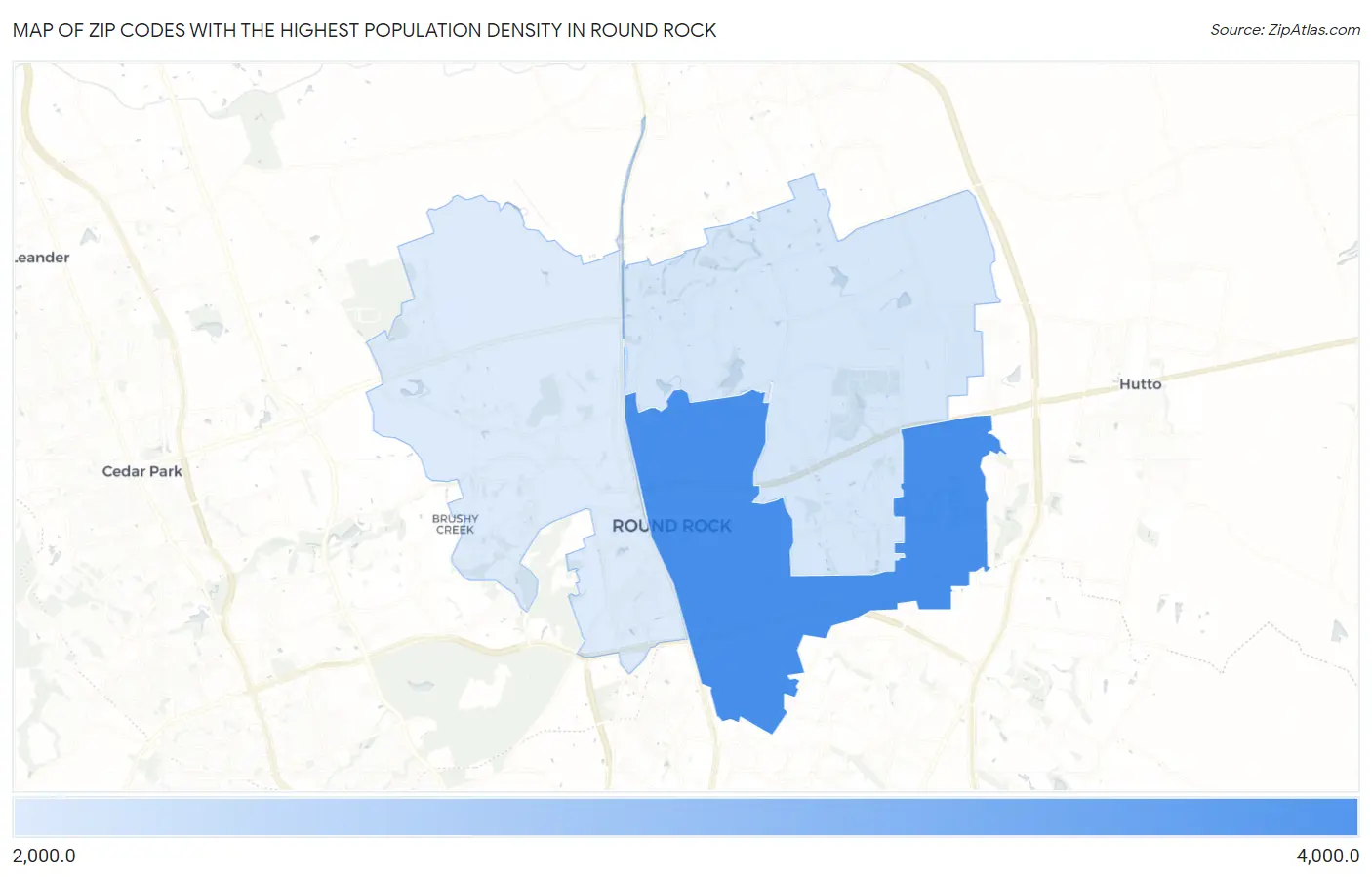Zip Codes with the Highest Population Density in Round Rock Map