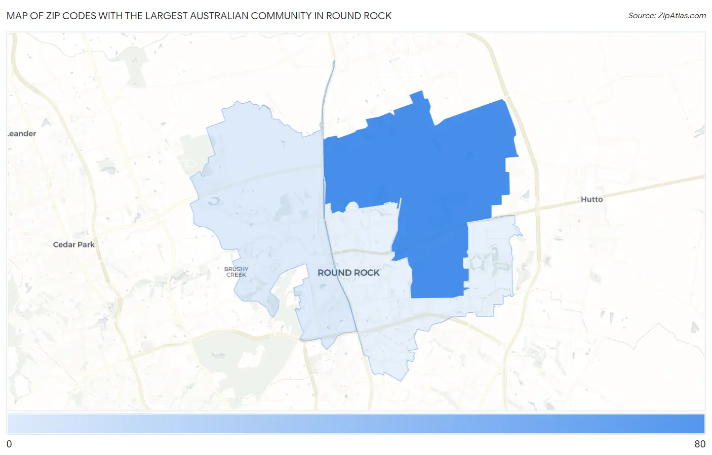 Zip Codes with the Largest Australian Community in Round Rock Map