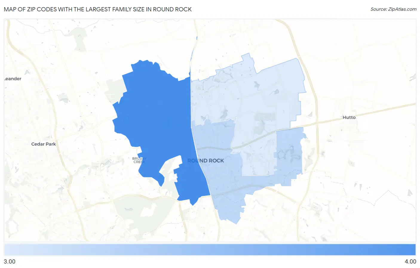 Zip Codes with the Largest Family Size in Round Rock Map