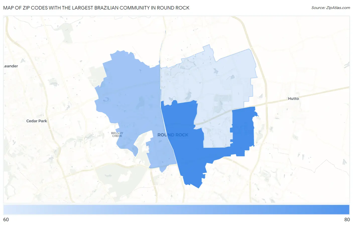 Zip Codes with the Largest Brazilian Community in Round Rock Map