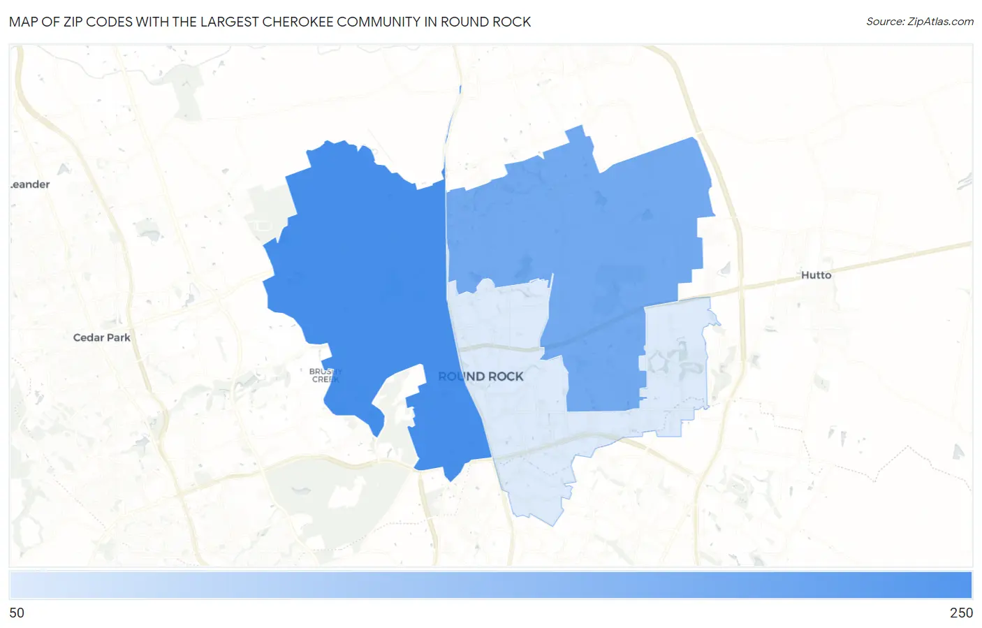 Zip Codes with the Largest Cherokee Community in Round Rock Map