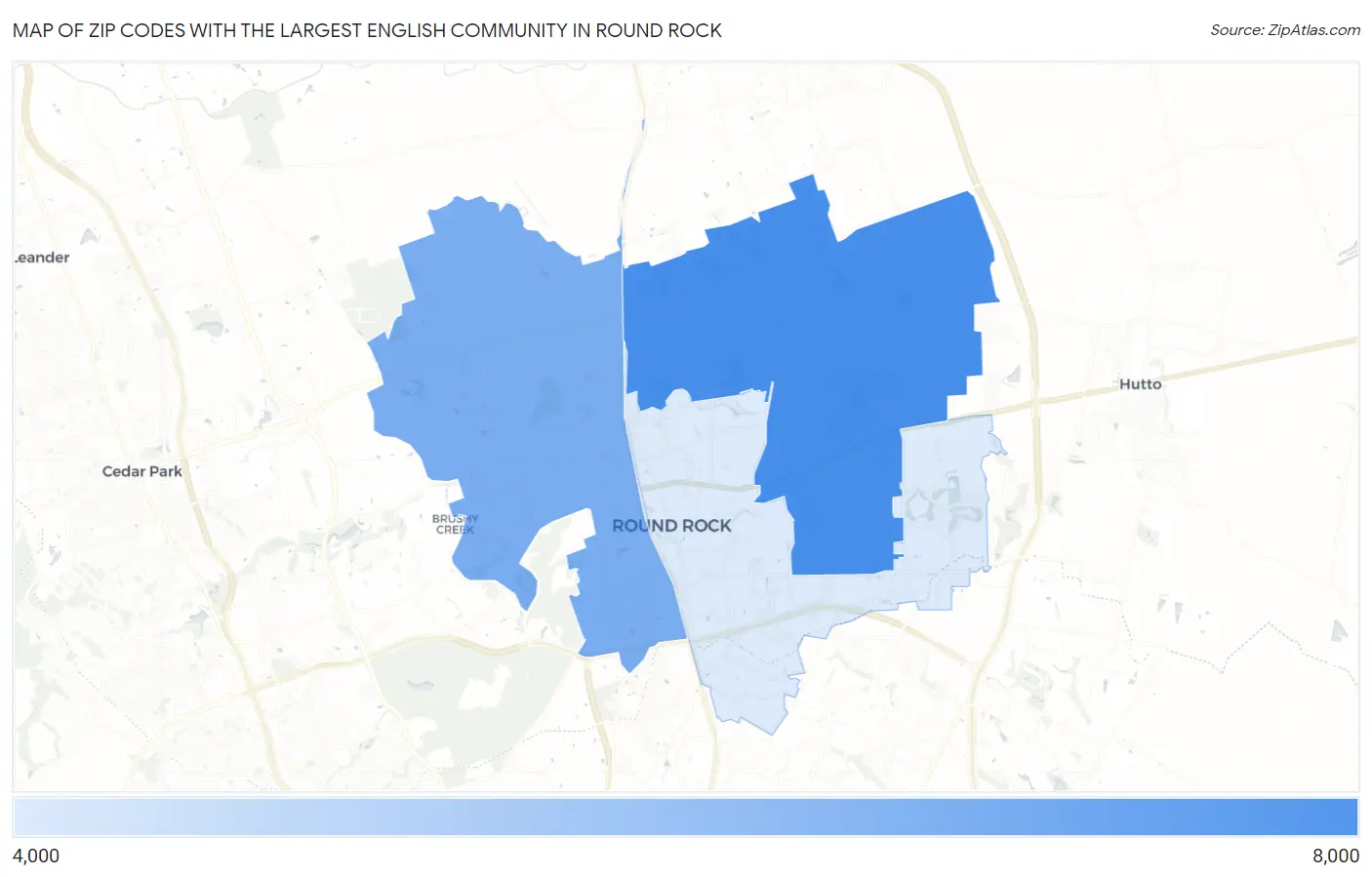 Zip Codes with the Largest English Community in Round Rock Map