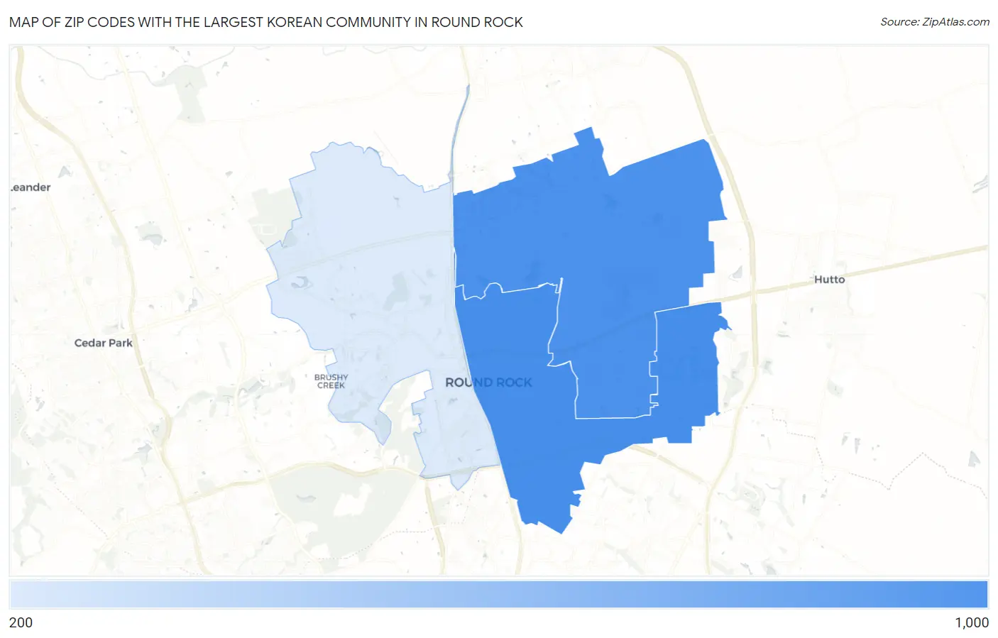 Zip Codes with the Largest Korean Community in Round Rock Map