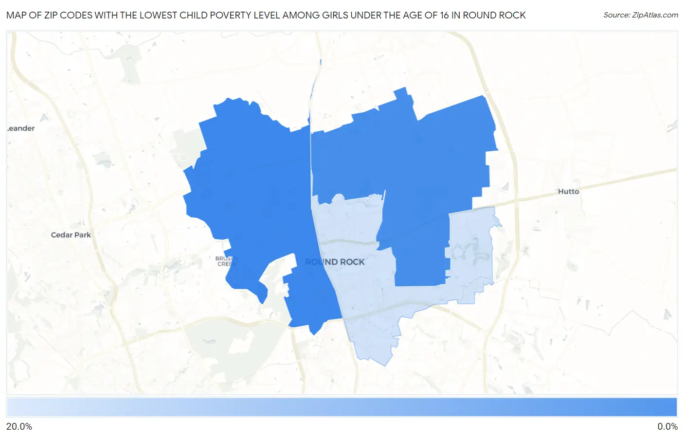 Zip Codes with the Lowest Child Poverty Level Among Girls Under the Age of 16 in Round Rock Map