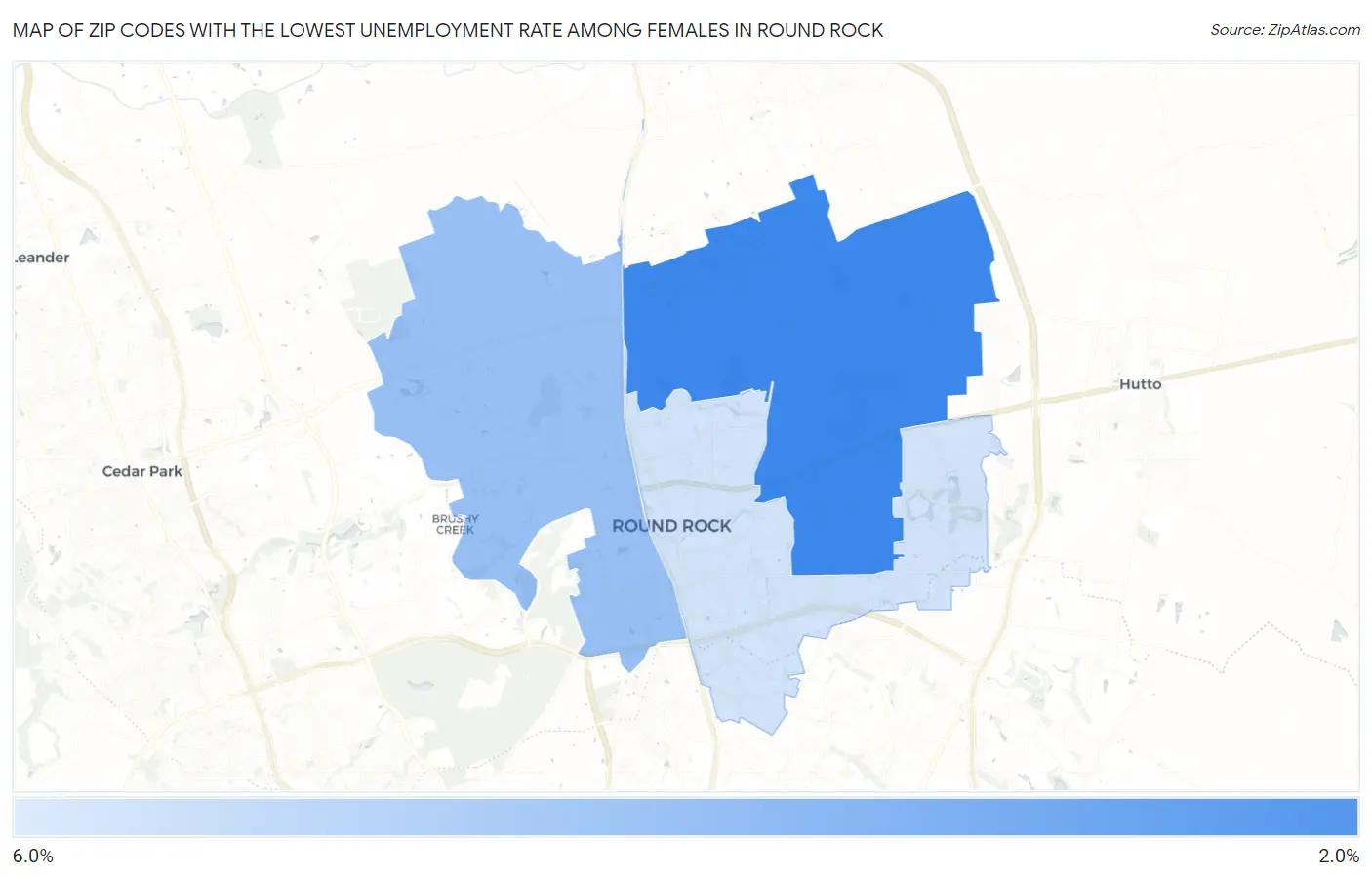 Zip Codes with the Lowest Unemployment Rate Among Females in Round Rock Map