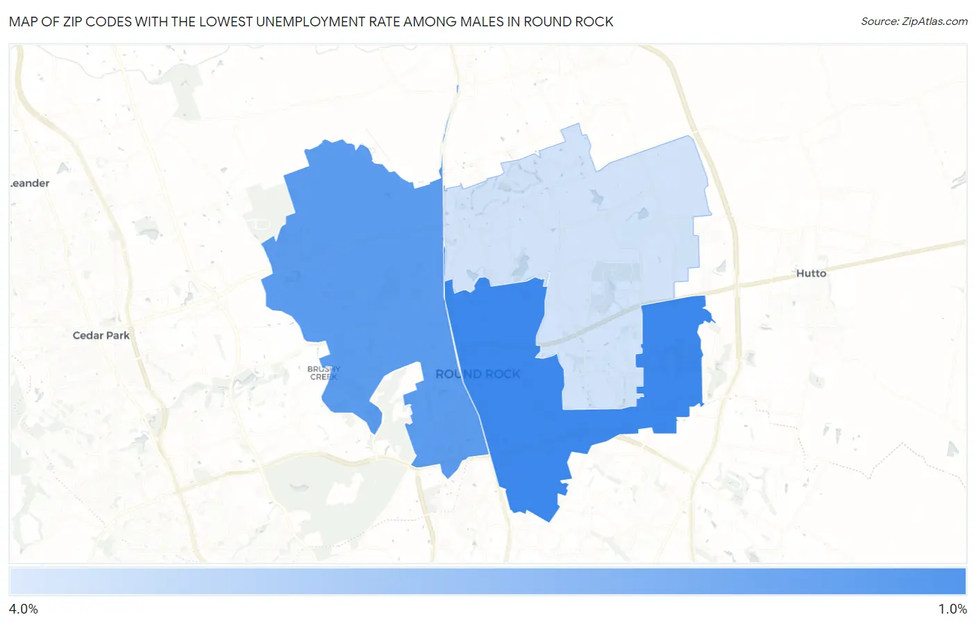 Zip Codes with the Lowest Unemployment Rate Among Males in Round Rock Map