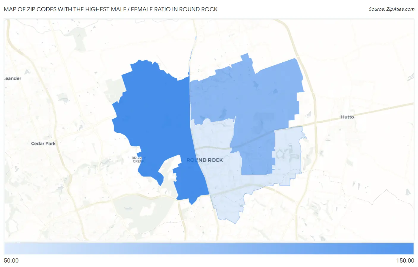 Zip Codes with the Highest Male / Female Ratio in Round Rock Map