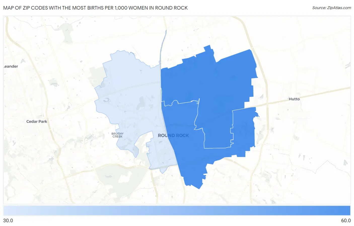 Zip Codes with the Most Births per 1,000 Women in Round Rock Map