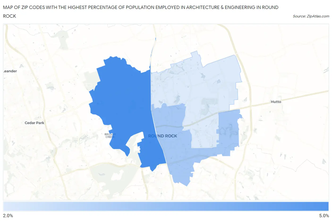 Zip Codes with the Highest Percentage of Population Employed in Architecture & Engineering in Round Rock Map