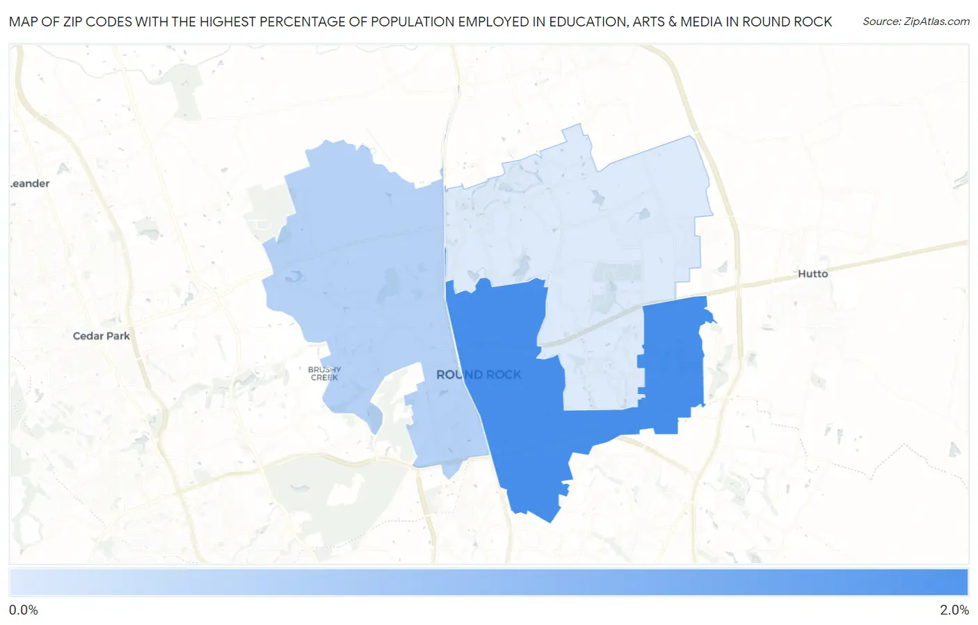 Zip Codes with the Highest Percentage of Population Employed in Education, Arts & Media in Round Rock Map