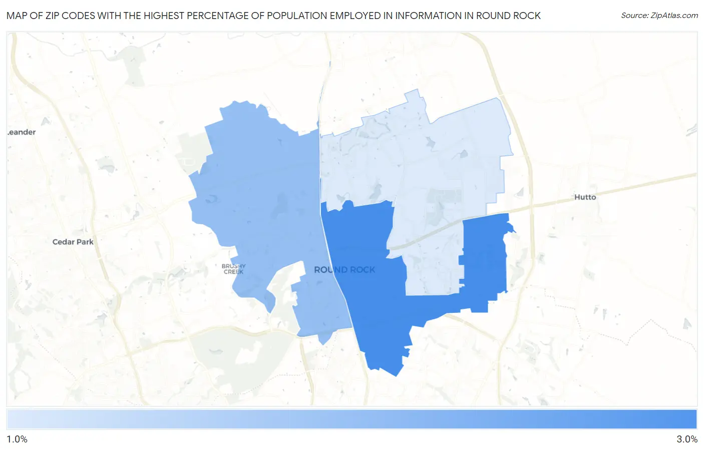 Zip Codes with the Highest Percentage of Population Employed in Information in Round Rock Map