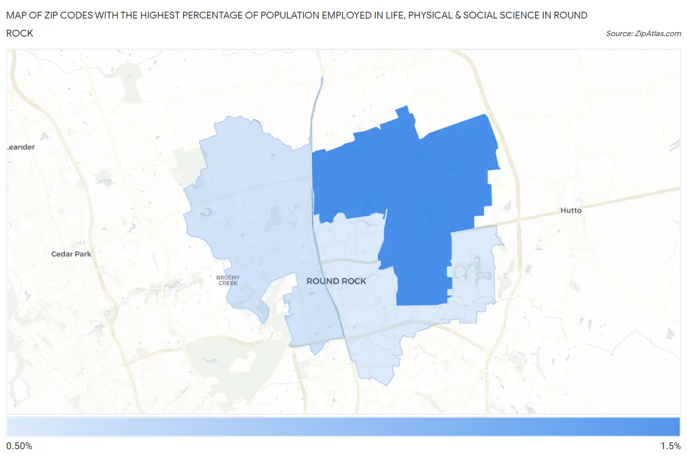 Zip Codes with the Highest Percentage of Population Employed in Life, Physical & Social Science in Round Rock Map