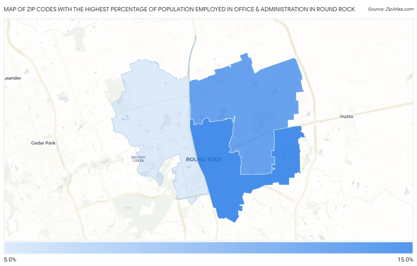 Zip Codes with the Highest Percentage of Population Employed in Office & Administration in Round Rock Map