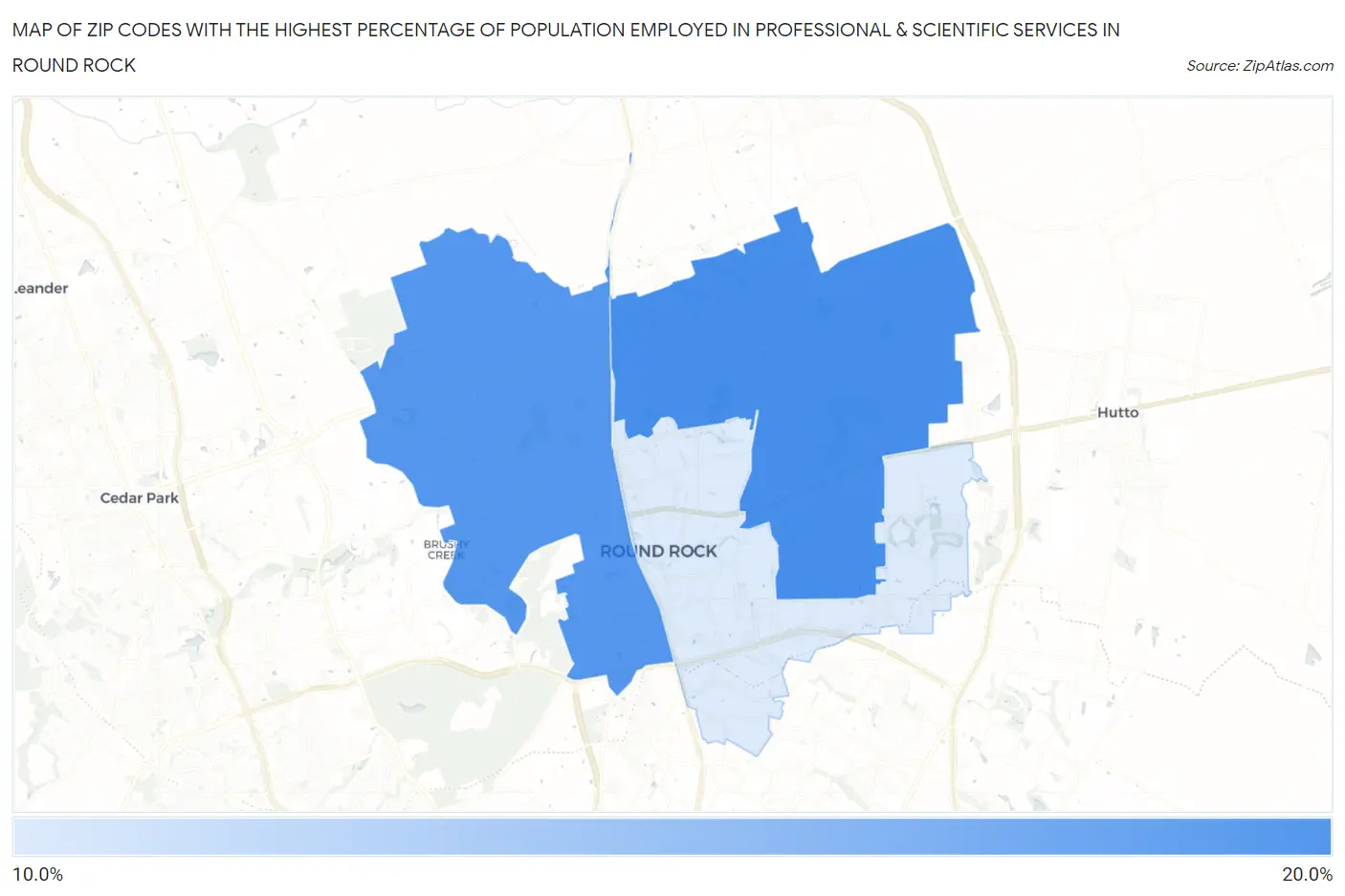 Zip Codes with the Highest Percentage of Population Employed in Professional & Scientific Services in Round Rock Map