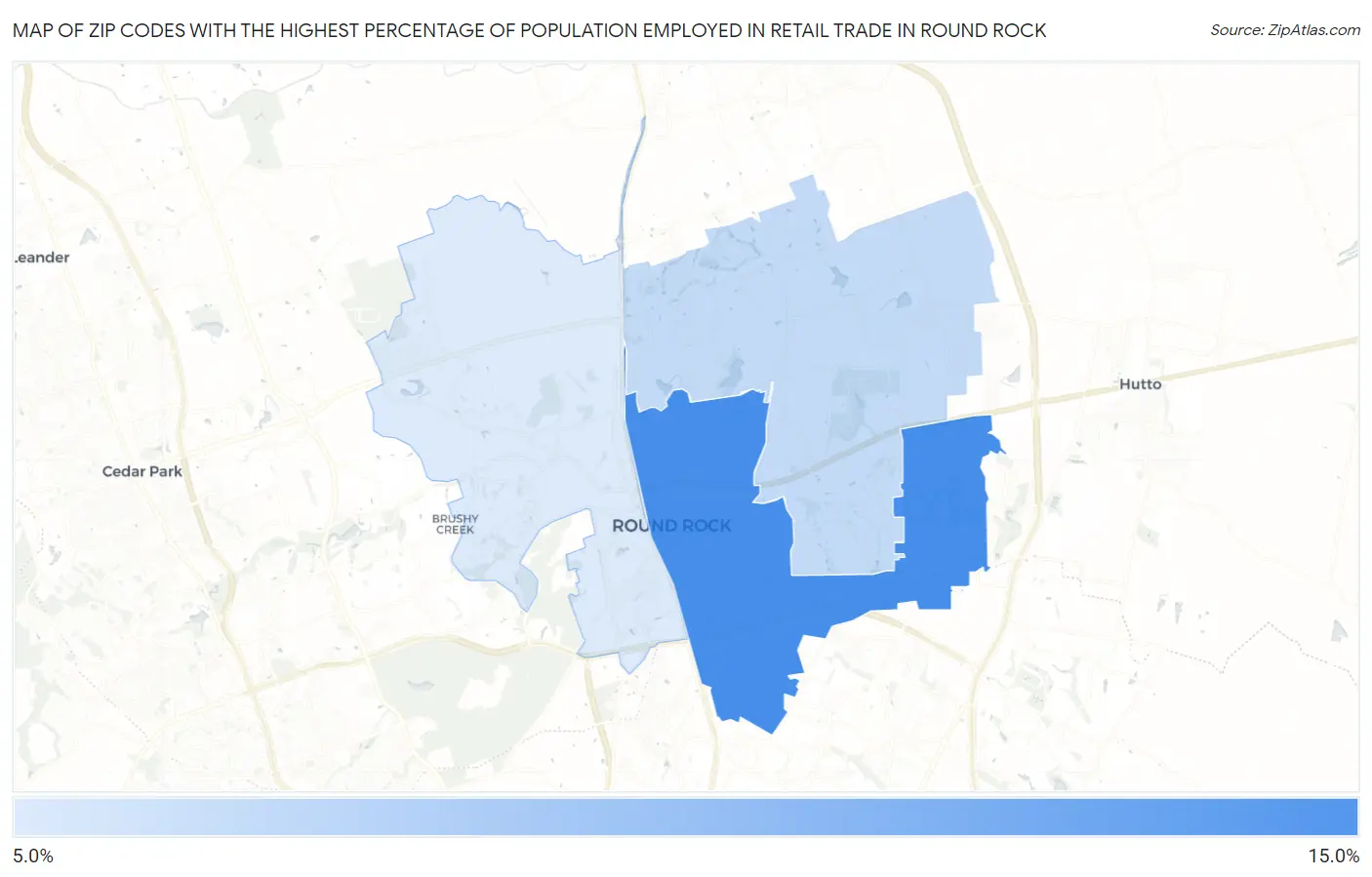 Zip Codes with the Highest Percentage of Population Employed in Retail Trade in Round Rock Map