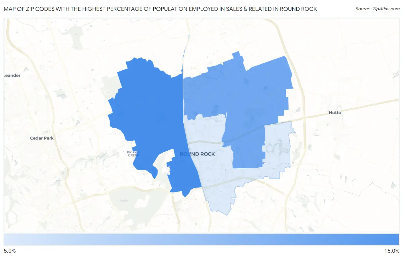 Zip Codes with the Highest Percentage of Population Employed in Sales & Related in Round Rock Map