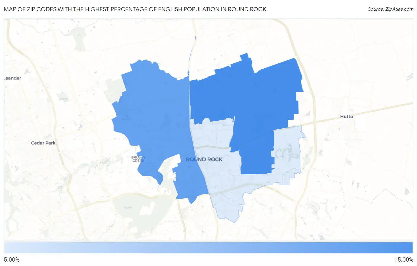 Zip Codes with the Highest Percentage of English Population in Round Rock Map