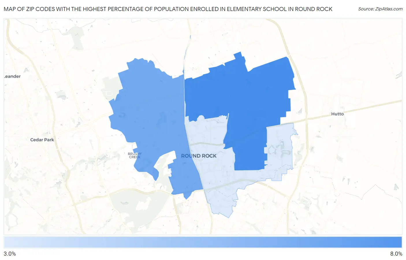 Zip Codes with the Highest Percentage of Population Enrolled in Elementary School in Round Rock Map