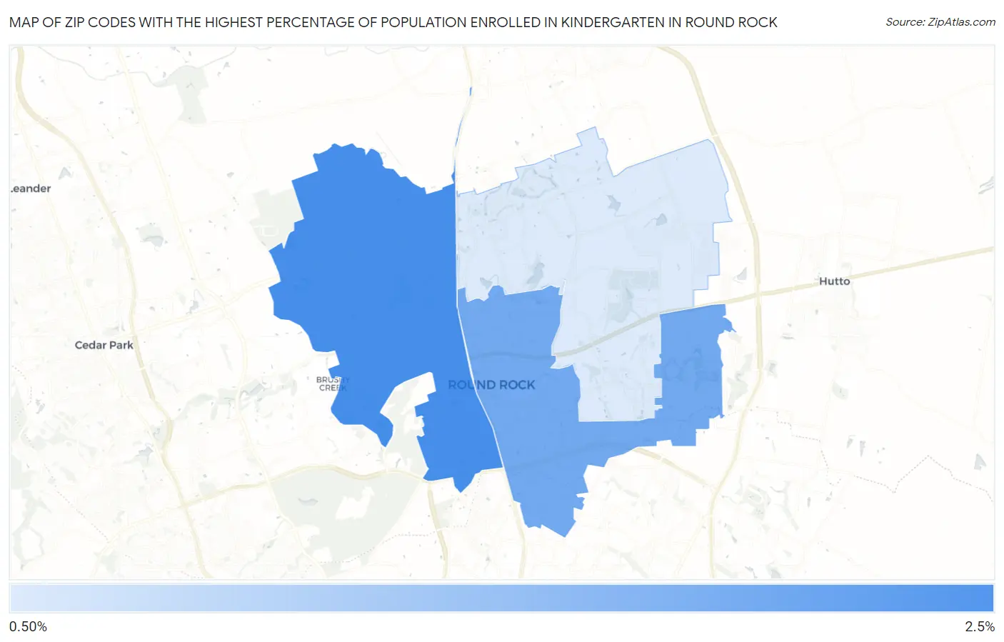 Zip Codes with the Highest Percentage of Population Enrolled in Kindergarten in Round Rock Map