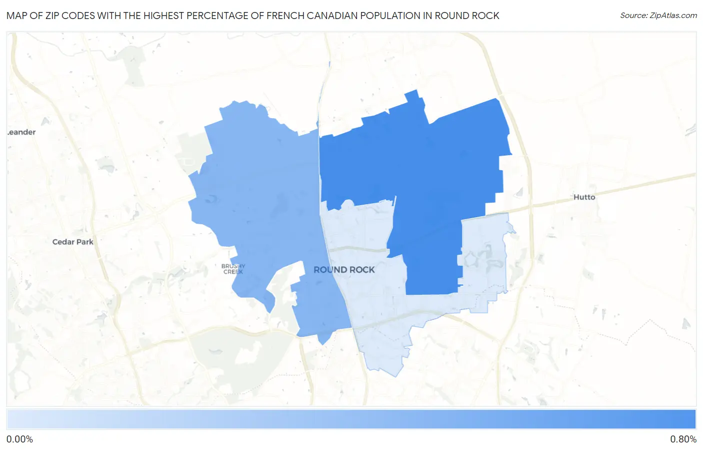 Zip Codes with the Highest Percentage of French Canadian Population in Round Rock Map