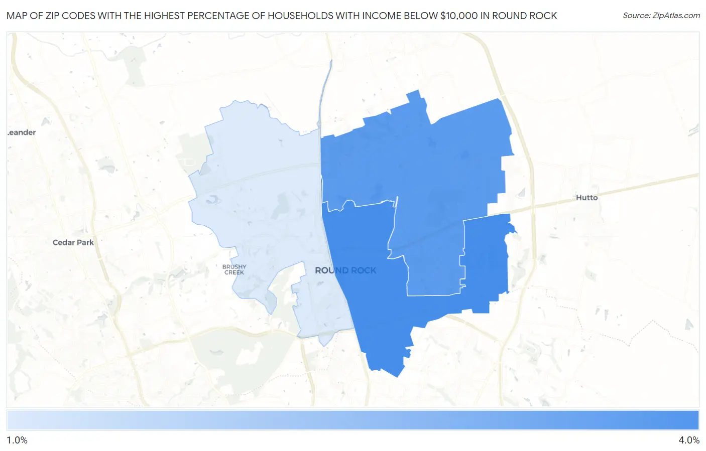 Zip Codes with the Highest Percentage of Households with Income Below $10,000 in Round Rock Map