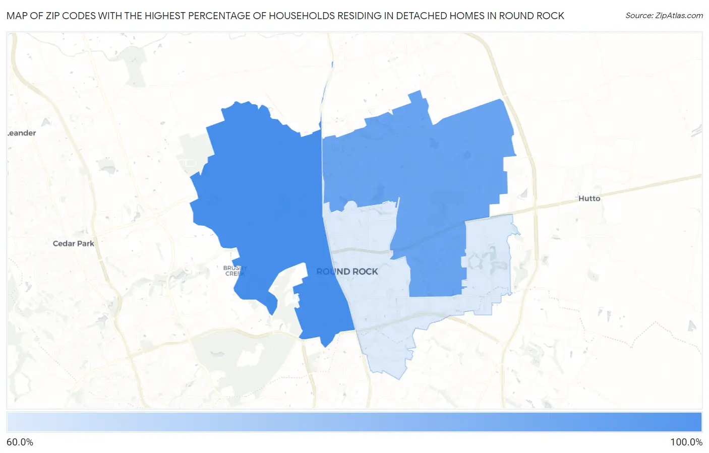 Zip Codes with the Highest Percentage of Households Residing in Detached Homes in Round Rock Map