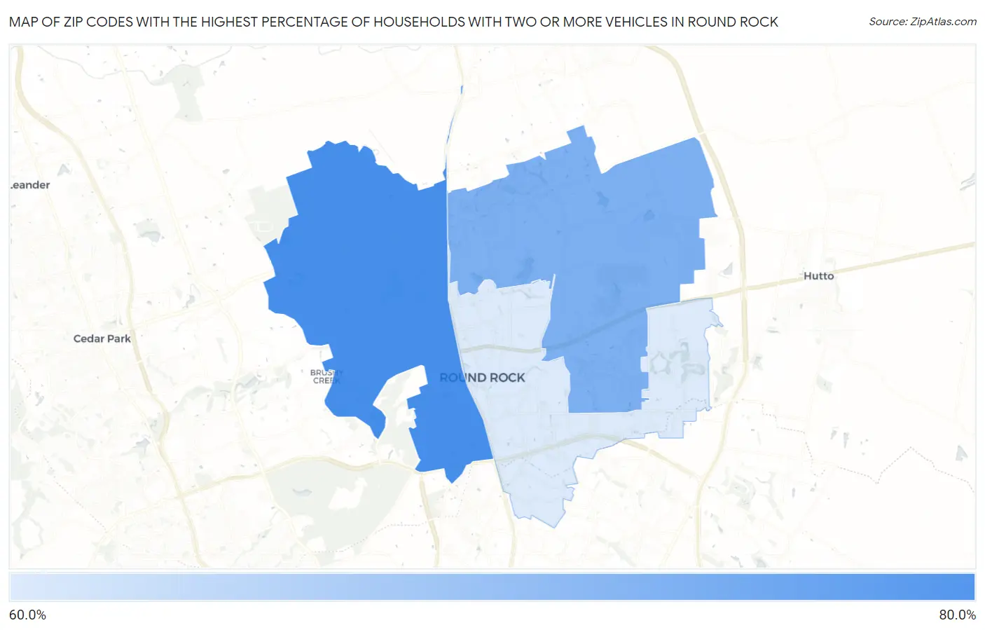 Zip Codes with the Highest Percentage of Households With Two or more Vehicles in Round Rock Map