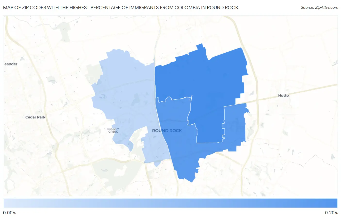 Zip Codes with the Highest Percentage of Immigrants from Colombia in Round Rock Map