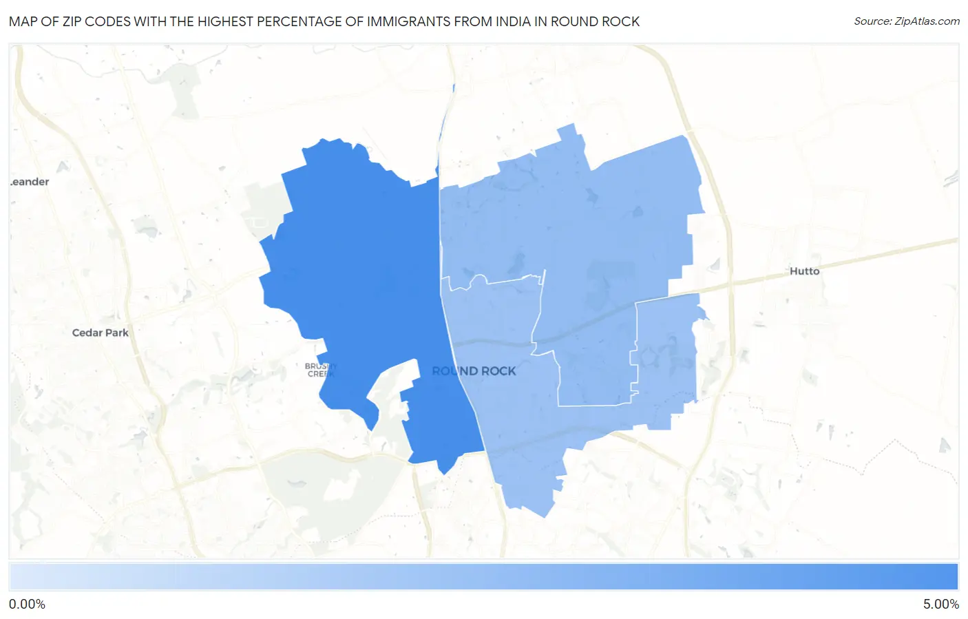 Zip Codes with the Highest Percentage of Immigrants from India in Round Rock Map