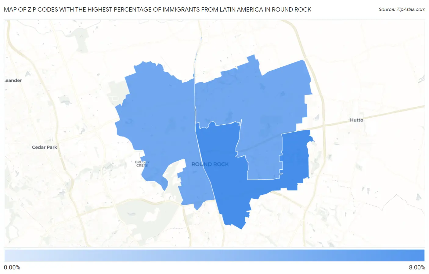 Zip Codes with the Highest Percentage of Immigrants from Latin America in Round Rock Map