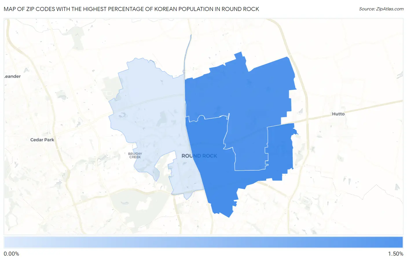 Zip Codes with the Highest Percentage of Korean Population in Round Rock Map
