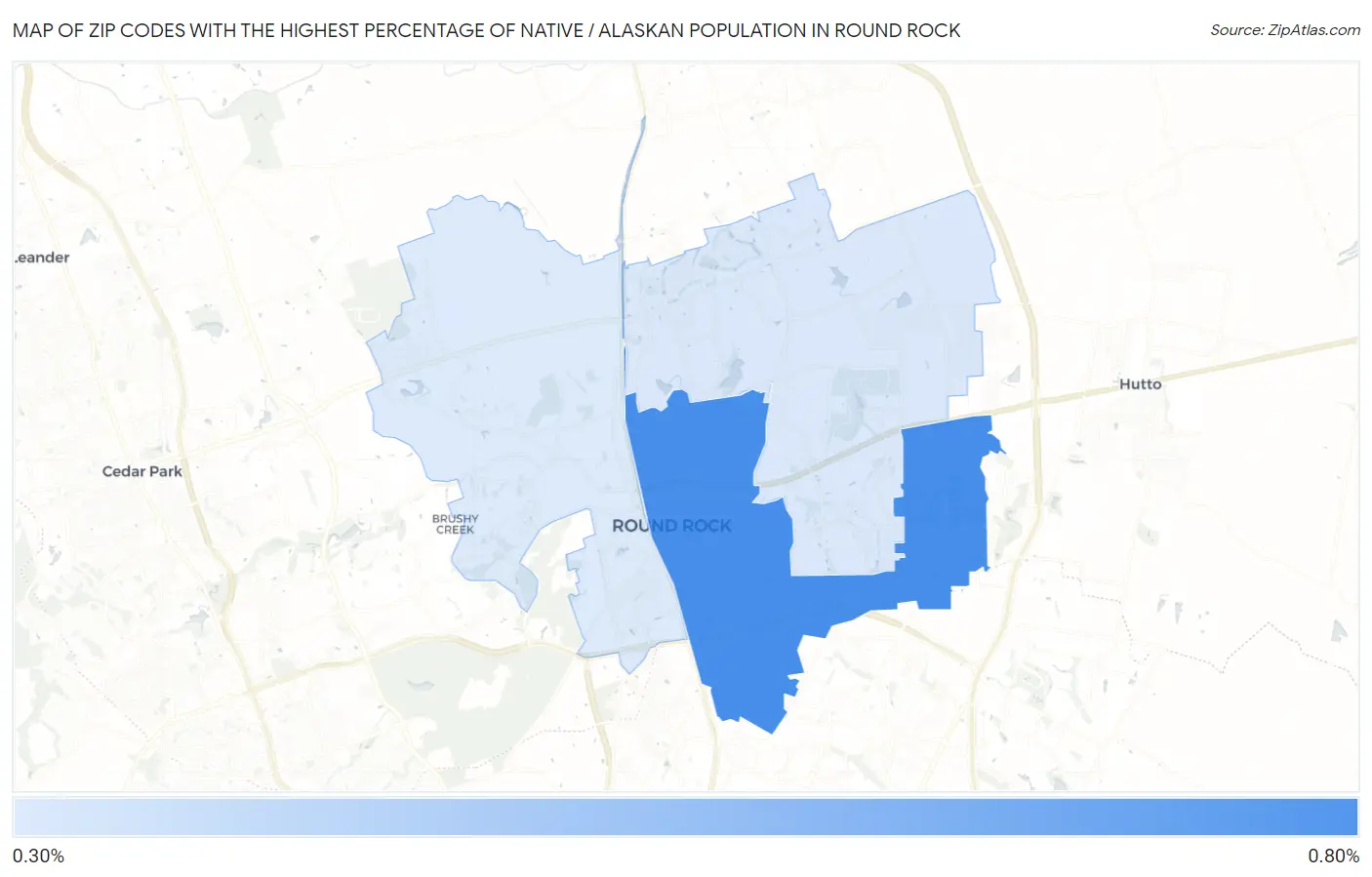 Zip Codes with the Highest Percentage of Native / Alaskan Population in Round Rock Map