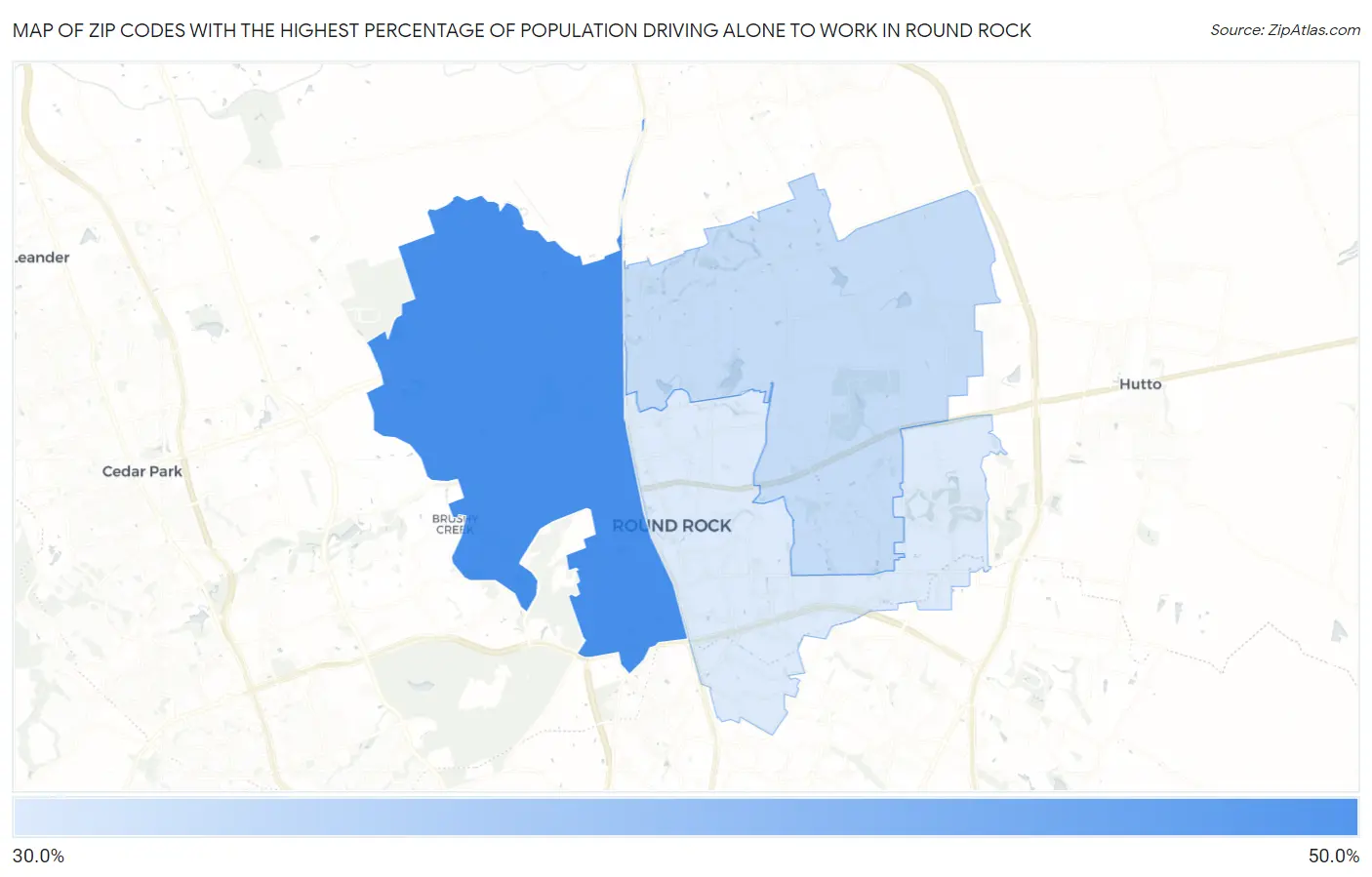 Zip Codes with the Highest Percentage of Population Driving Alone to Work in Round Rock Map