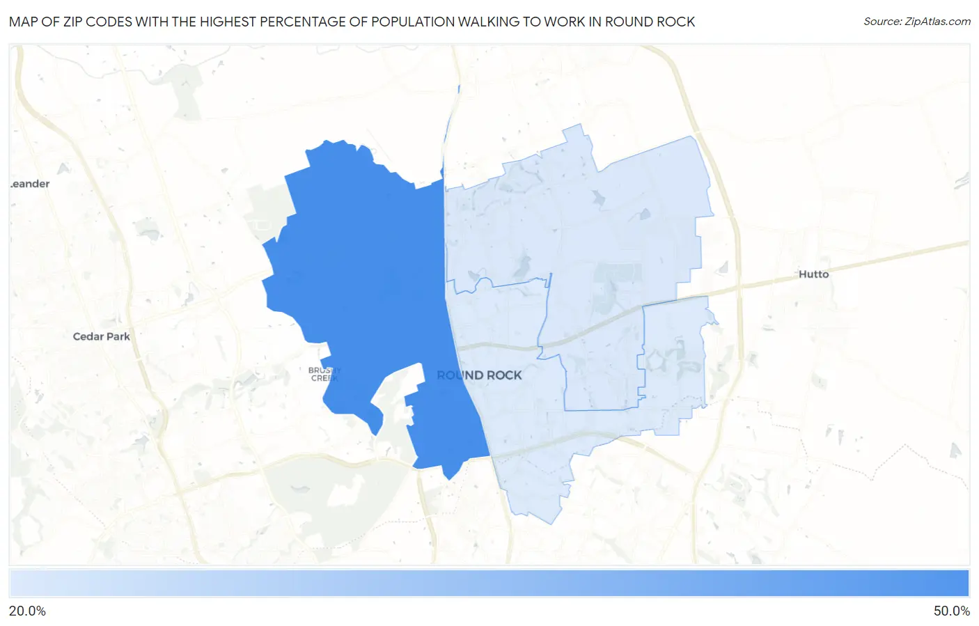 Zip Codes with the Highest Percentage of Population Walking to Work in Round Rock Map